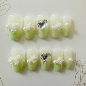 Green and White Embellished False Nails